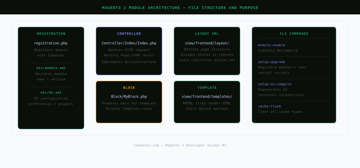 create magento 2 module — file structure and architecture diagram by CodeAtoZ