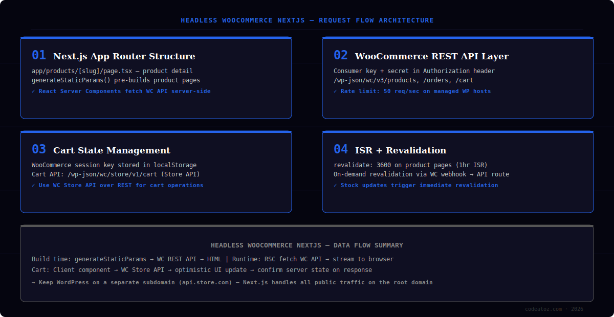 headless woocommerce nextjs diagram — request flow showing Next.js App Router, WC REST API, Store API cart and ISR revalidation by CodeAtoZ