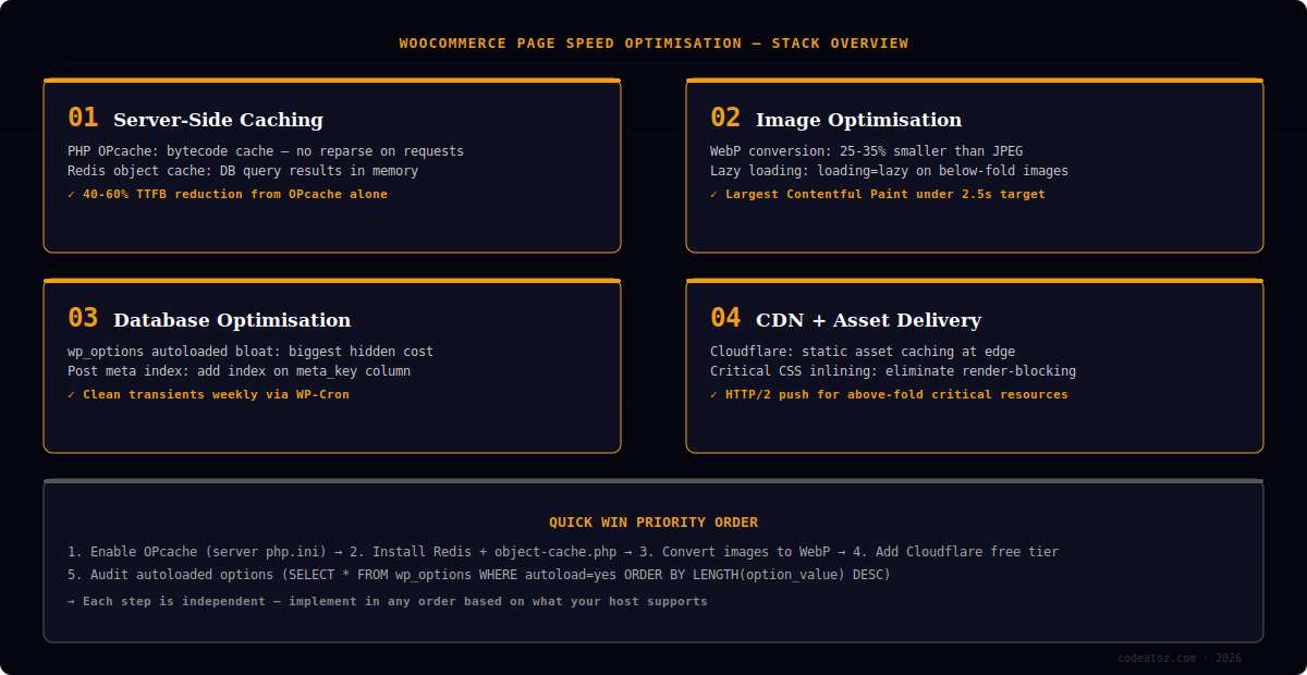 woocommerce page speed optimisation diagram — server stack showing OPcache, Redis, CDN, image optimisation layers by CodeAtoZ