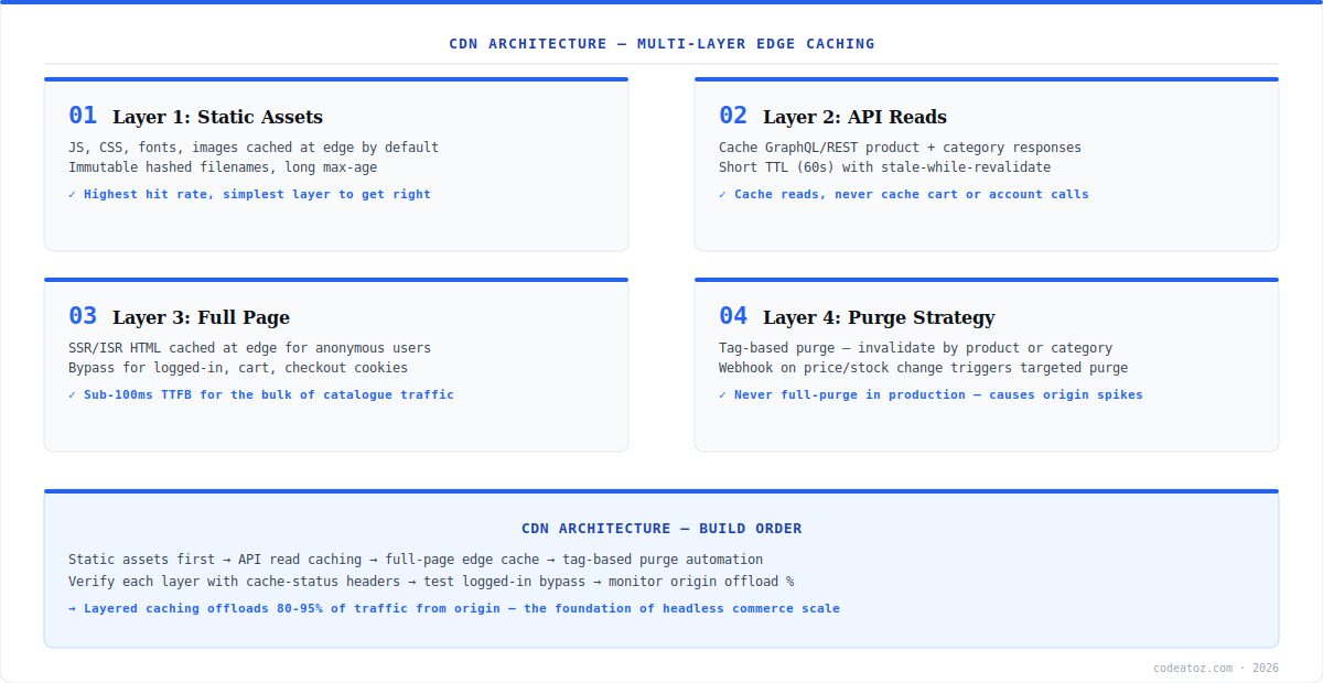 cdn architecture diagram — multi-layer edge caching for headless commerce: assets, API, full page and purge by CodeAtoZ