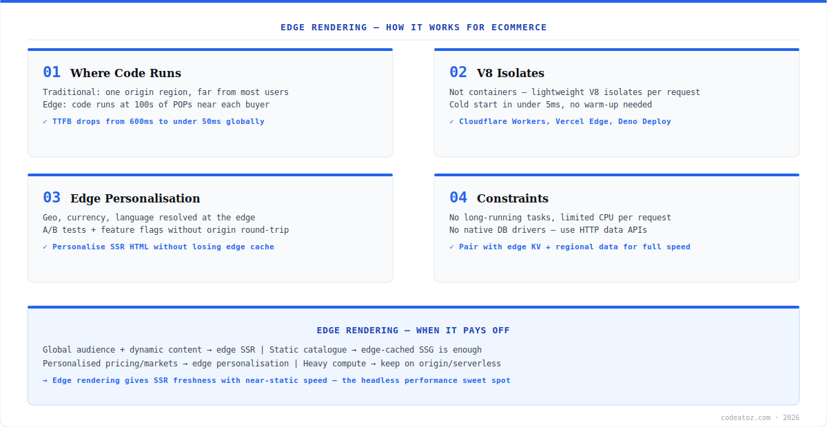 edge rendering ecommerce diagram — V8 isolates, edge personalisation, constraints and when it pays off by CodeAtoZ