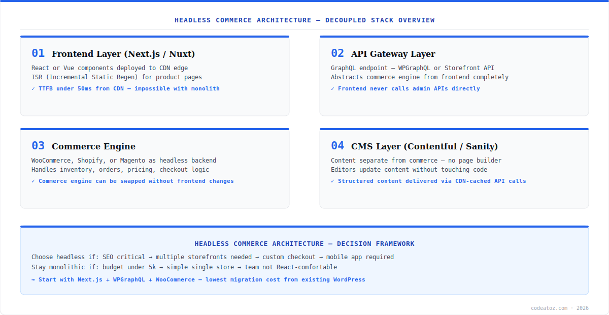 headless commerce architecture diagram — four layers showing frontend, API gateway, commerce engine and CMS by CodeAtoZ