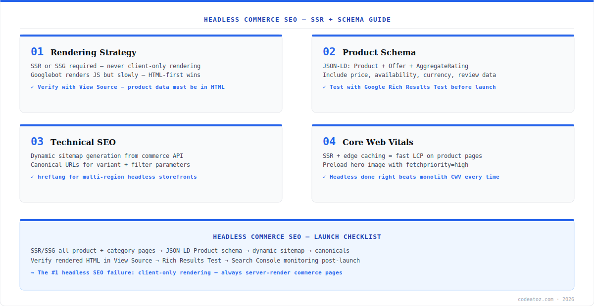 headless commerce seo diagram — SSR strategy, product schema, sitemaps and Core Web Vitals by CodeAtoZ