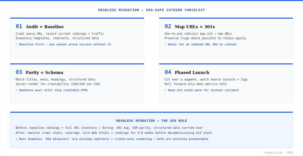 headless migration checklist diagram — audit, 301 mapping, SSR parity, phased launch by CodeAtoZ