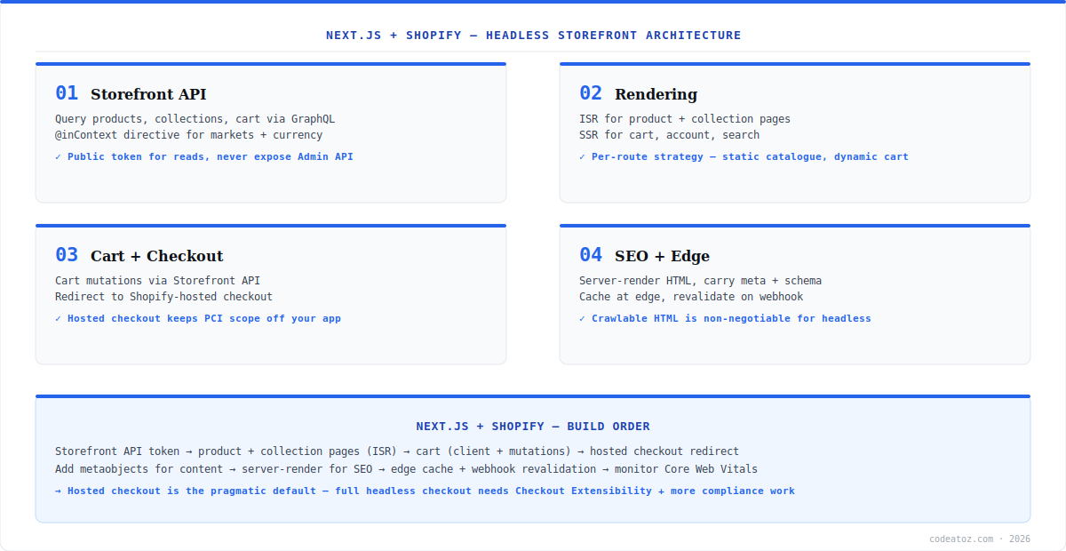 next.js shopify diagram — Storefront API, ISR rendering, cart mutations and hosted checkout by CodeAtoZ