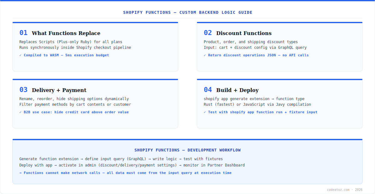 shopify functions diagram — discount, delivery, payment functions with WASM and input queries by CodeAtoZ