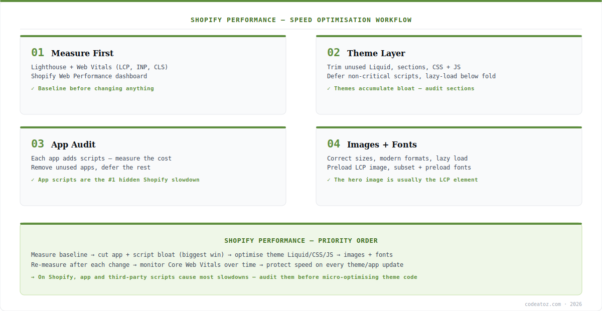 shopify performance optimization diagram — measure, app audit, theme, images and monitoring workflow by CodeAtoZ