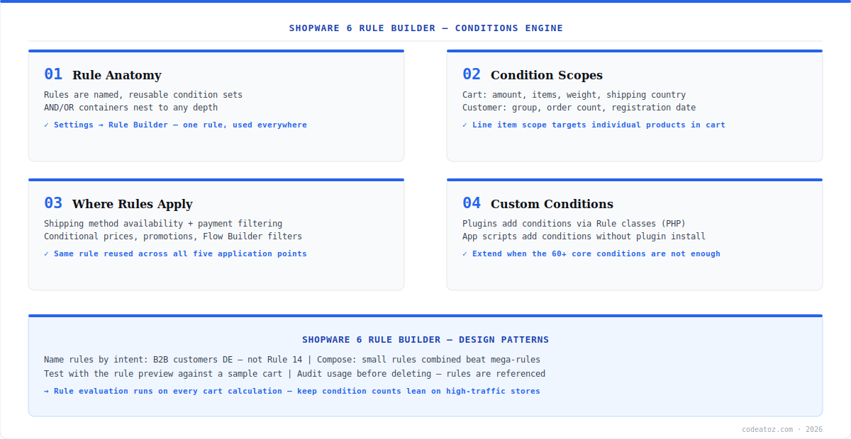 shopware 6 rule builder diagram — rule anatomy, condition scopes, application points and custom conditions by CodeAtoZ