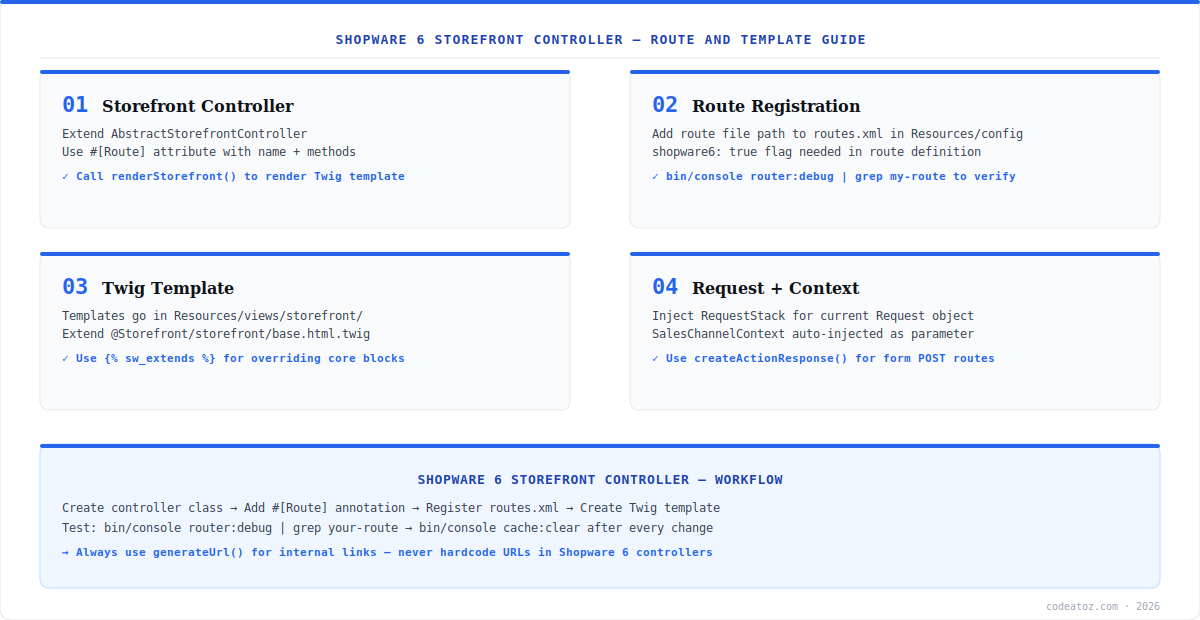 shopware 6 storefront controller diagram — route annotation, Twig template and DI services by CodeAtoZ