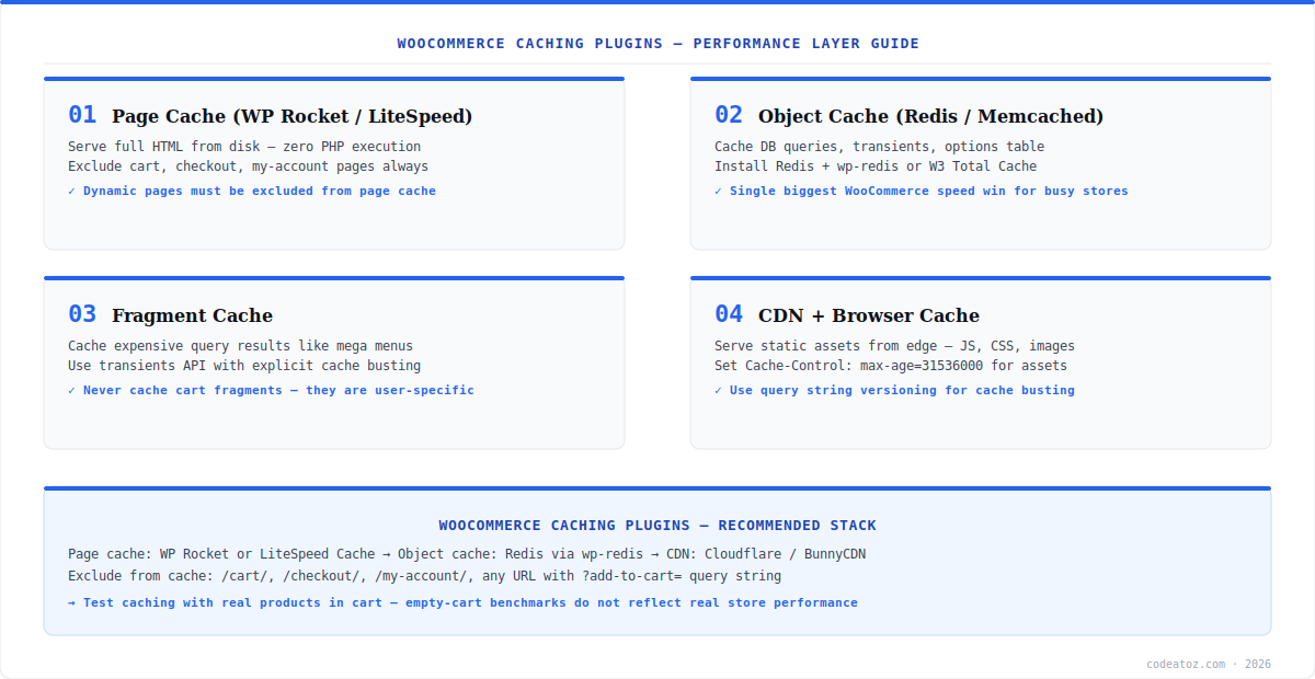 woocommerce caching plugins diagram — cache layers showing page cache, Redis object cache, fragment cache and CDN by CodeAtoZ