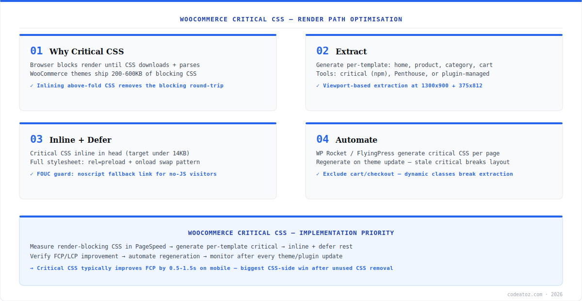 woocommerce critical css diagram — extraction, inline and defer pattern, per-template variants and automation by CodeAtoZ