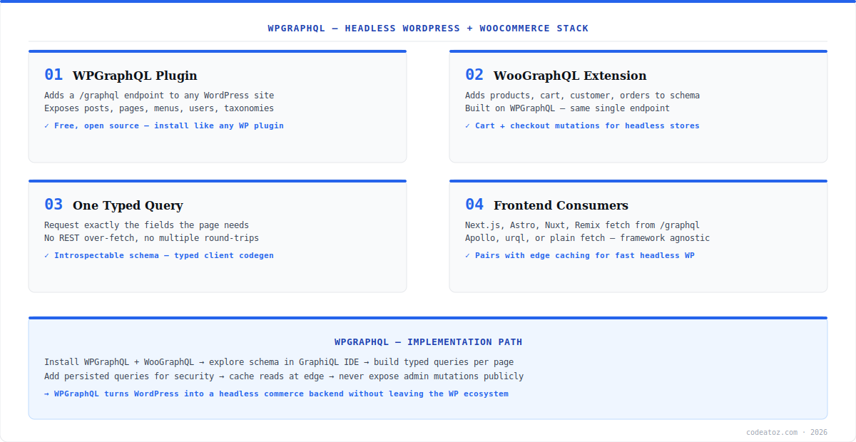wpgraphql diagram — headless WordPress and WooCommerce stack with WooGraphQL, typed queries and frontend consumers by CodeAtoZ