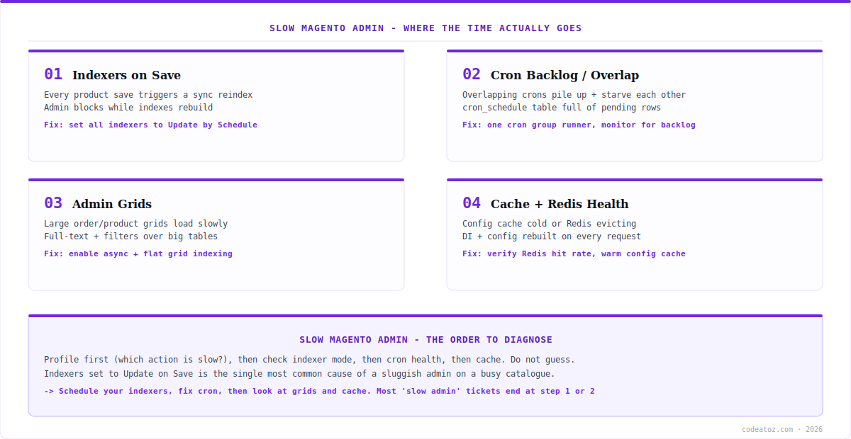 magento admin slow diagnosis — indexers, cron backlog, admin grids and cache health by CodeAtoZ