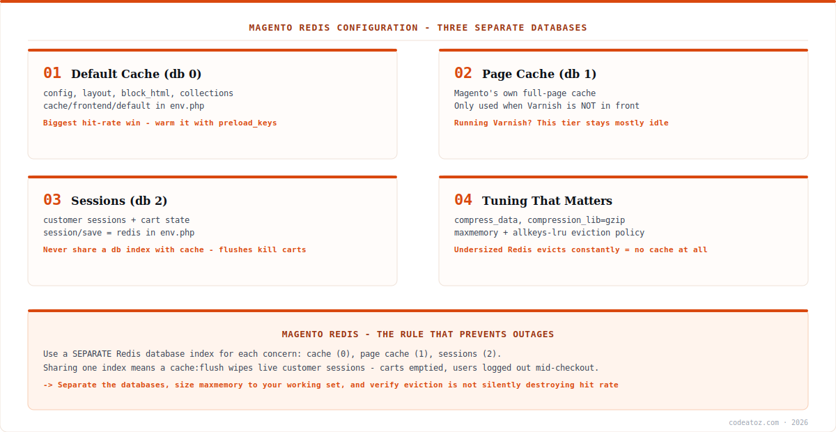 magento redis configuration diagram — three separate databases for default cache, page cache and sessions by CodeAtoZ