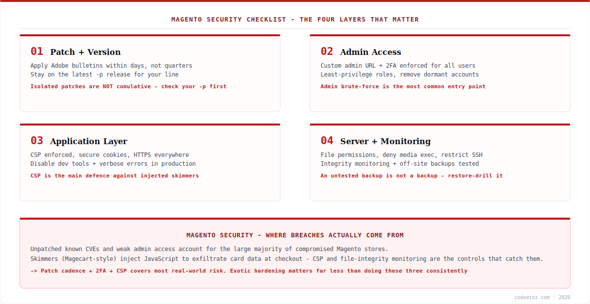 magento security checklist diagram — patching, admin access, application layer and server monitoring by CodeAtoZ