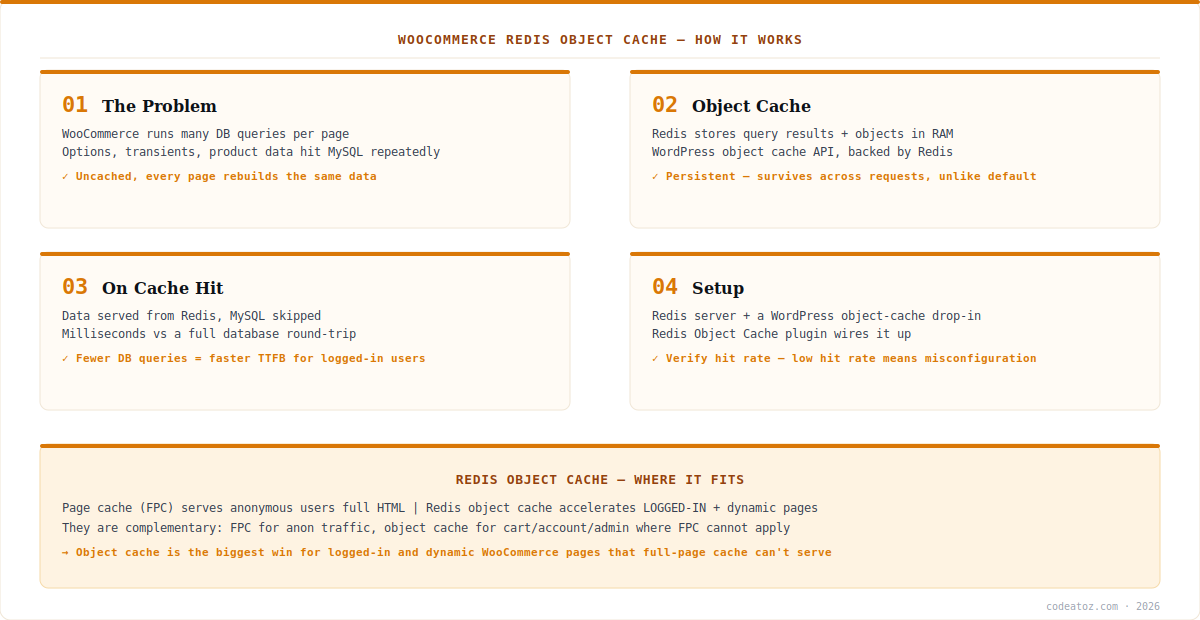woocommerce redis cache diagram — object cache in RAM reducing MySQL queries by CodeAtoZ