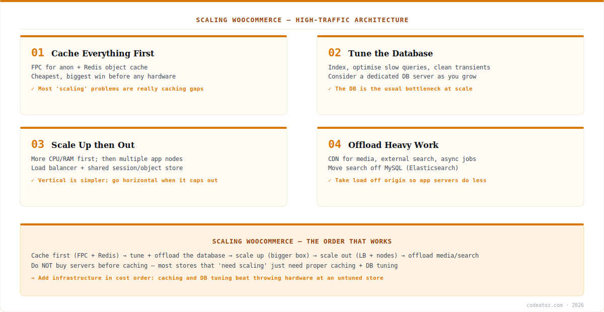 scaling woocommerce diagram — cache, database, scale up/out, offload high-traffic architecture by CodeAtoZ