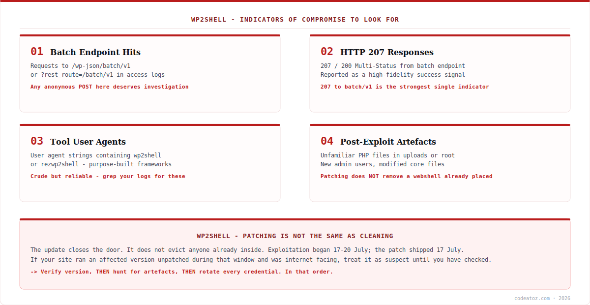 wp2shell indicators of compromise — batch endpoint requests, HTTP 207 responses, tool user agents and post-exploit artefacts by CodeAtoZ