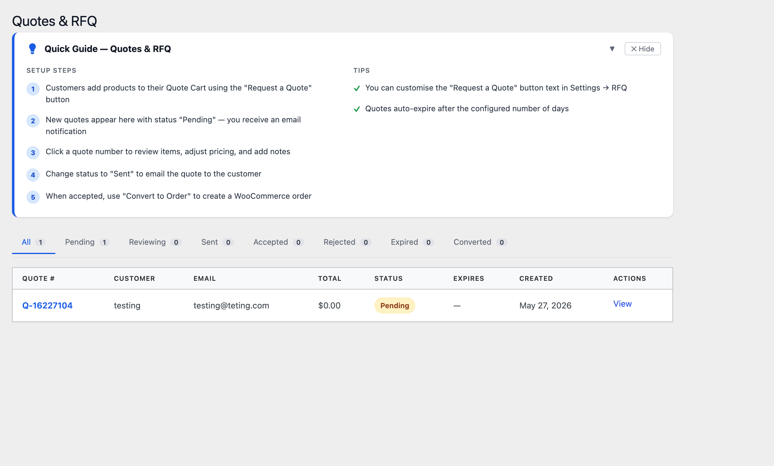 woocommerce request a quote pipeline screen in B2B Suite admin showing pending, sent and accepted quotes