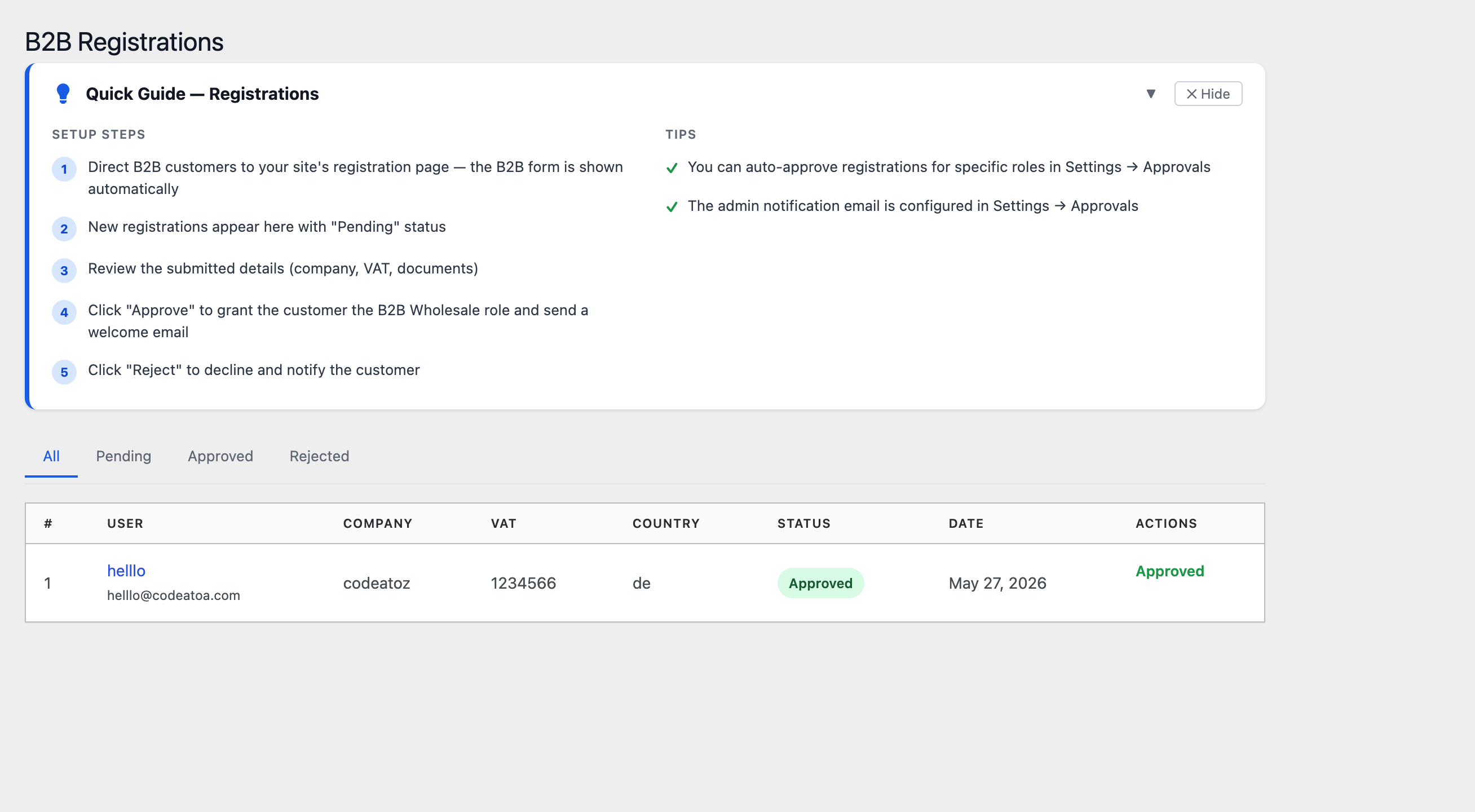 woocommerce b2b registration approvals screen in B2B Suite showing company, VAT and country details with approve and reject actions