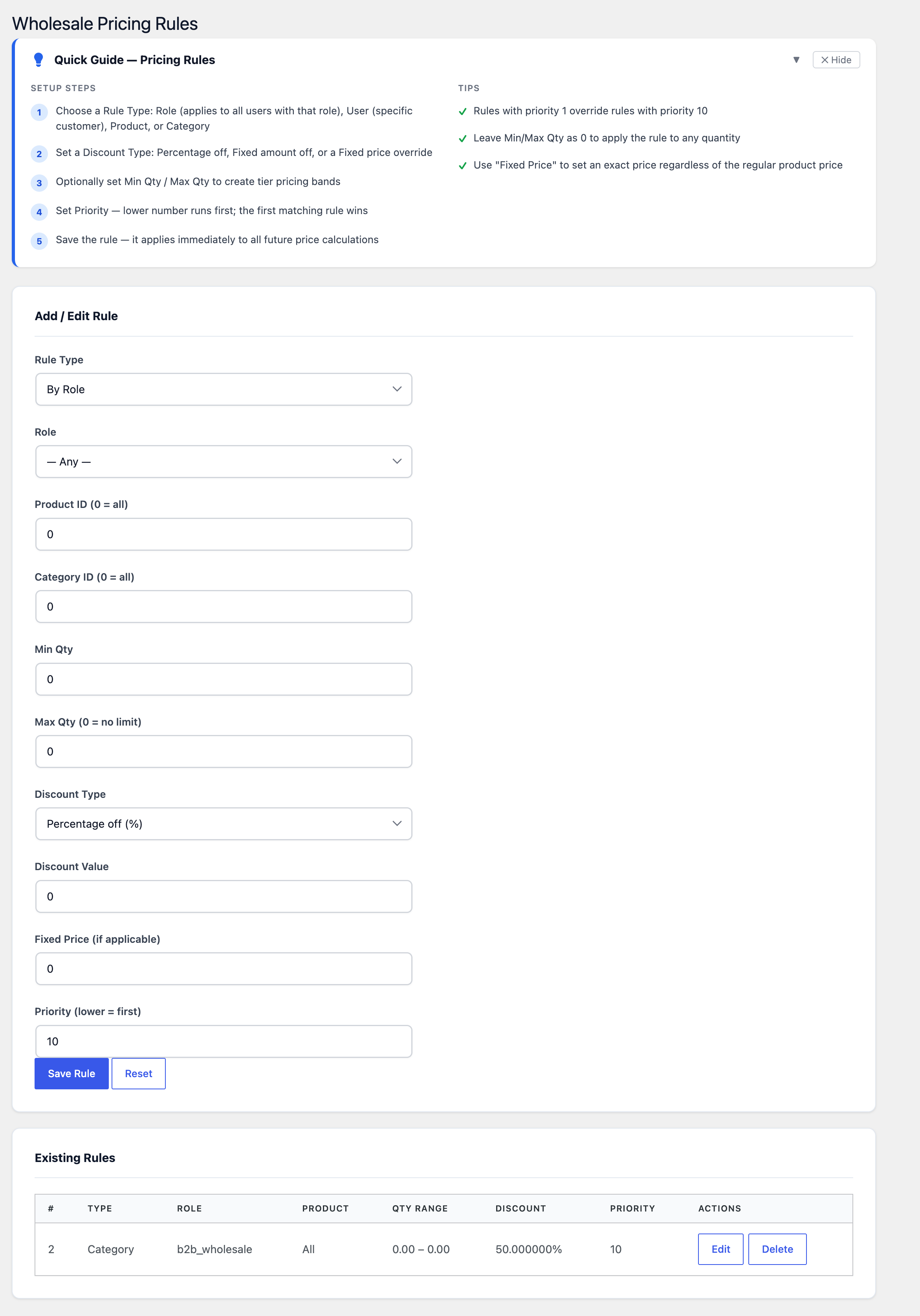 woocommerce wholesale pricing rules screen in B2B Suite admin with role and quantity tier bands