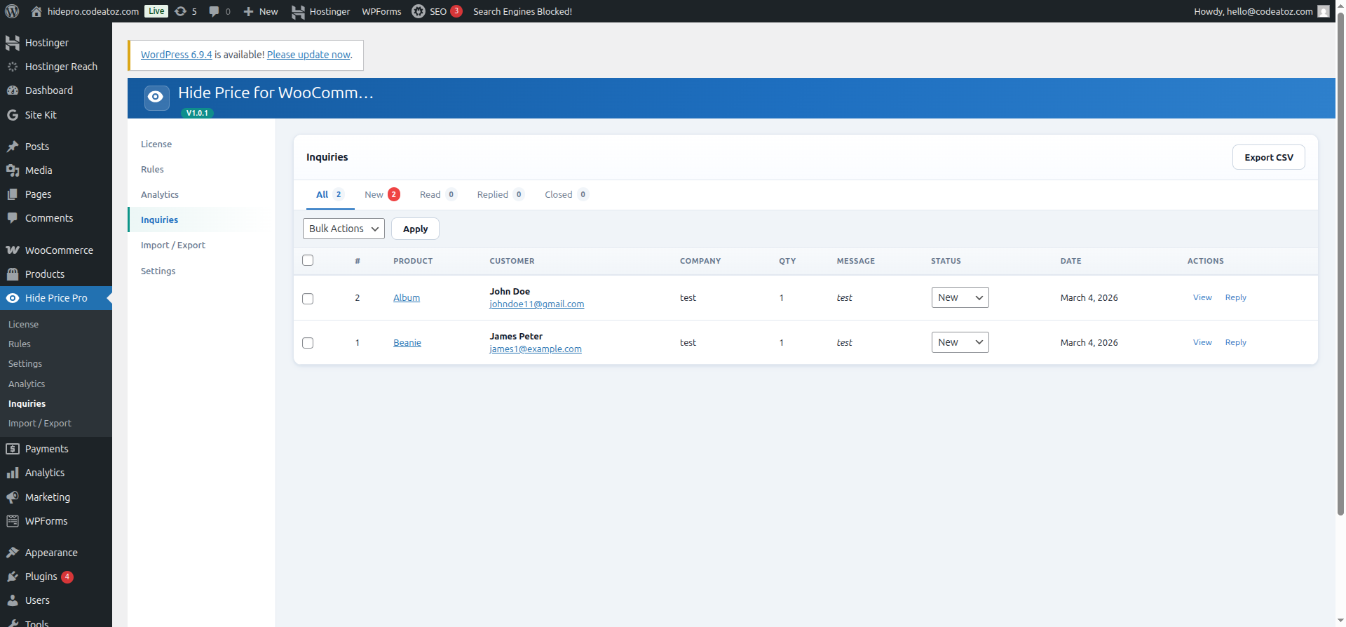 WooCommerce hide price plugin inquiry manager — admin inbox for all quote requests with status management