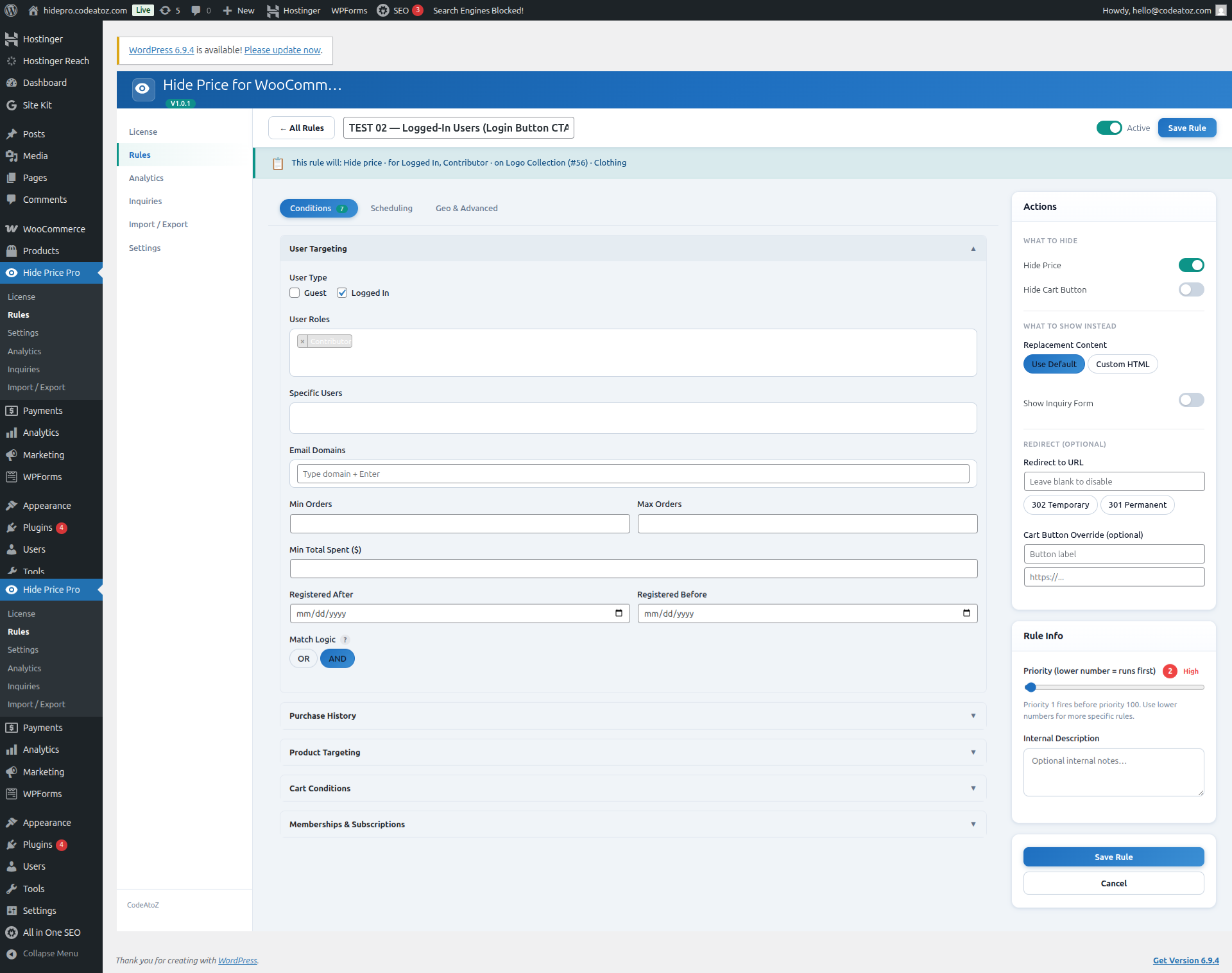 WooCommerce hide price plugin rule editor — conditions on the left, actions on the right